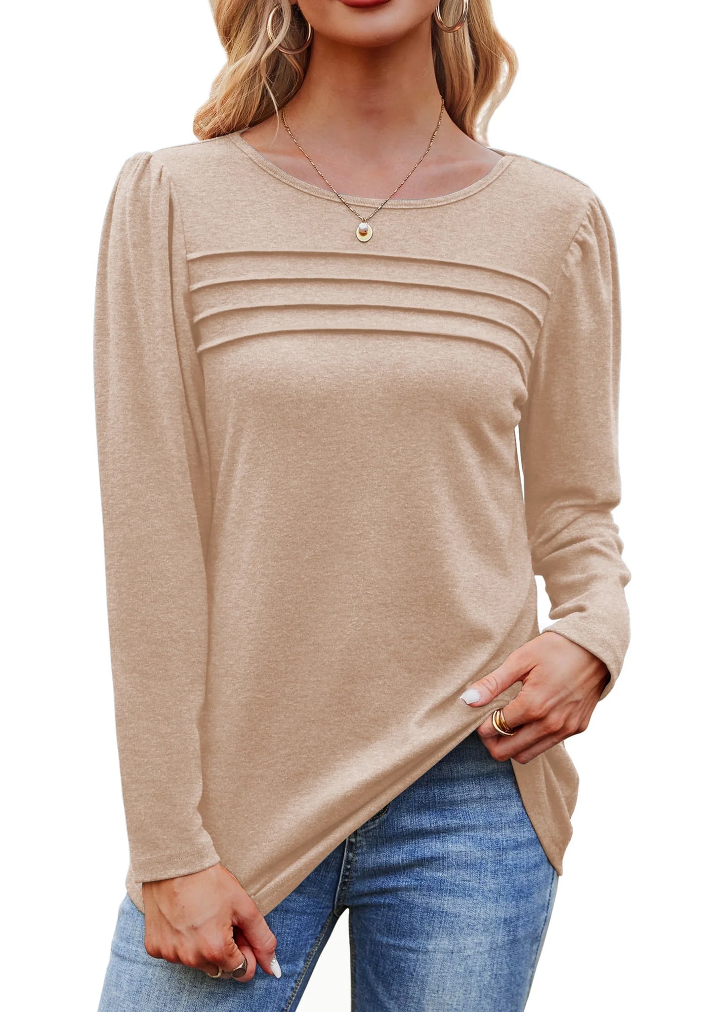 Long Sleeve Shirts for Women Fall Dressy Casual Blouses Fashion Pleated Tunic Tops